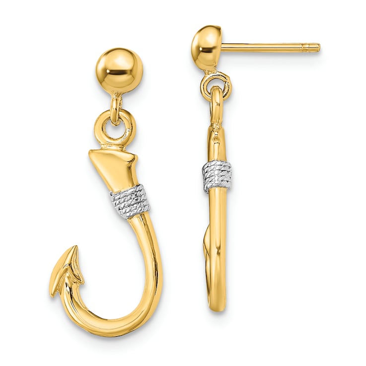 14k Yellow Gold and Rhodium Over 14k Yellow Gold 3D Fish Hook with Rope
Dangle Earrings
