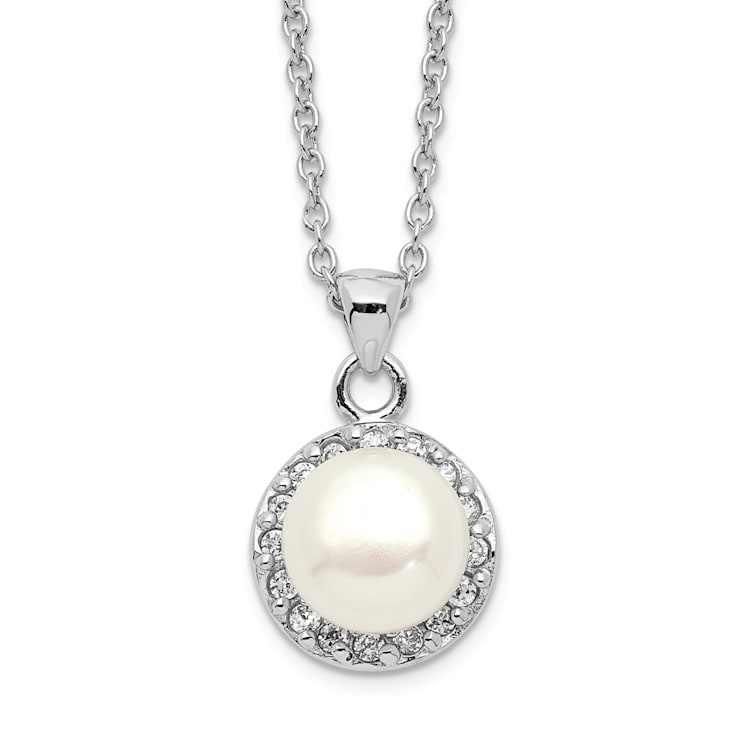 Rhodium Over Sterling Silver 7-8mm White Button Freshwater Cultured
Pearl Cubic Zirconia Necklace