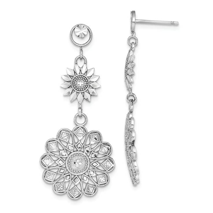Rhodium Over 14k White Gold Diamond-Cut Sunflower Style Double Drop Earrings