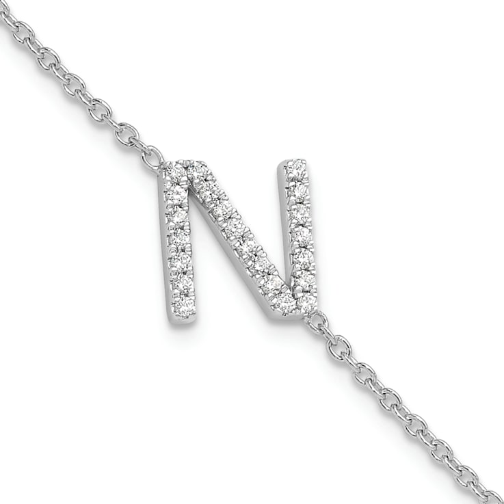 Rhodium Over 14k White Gold Diamond Sideways Letter N Bracelet