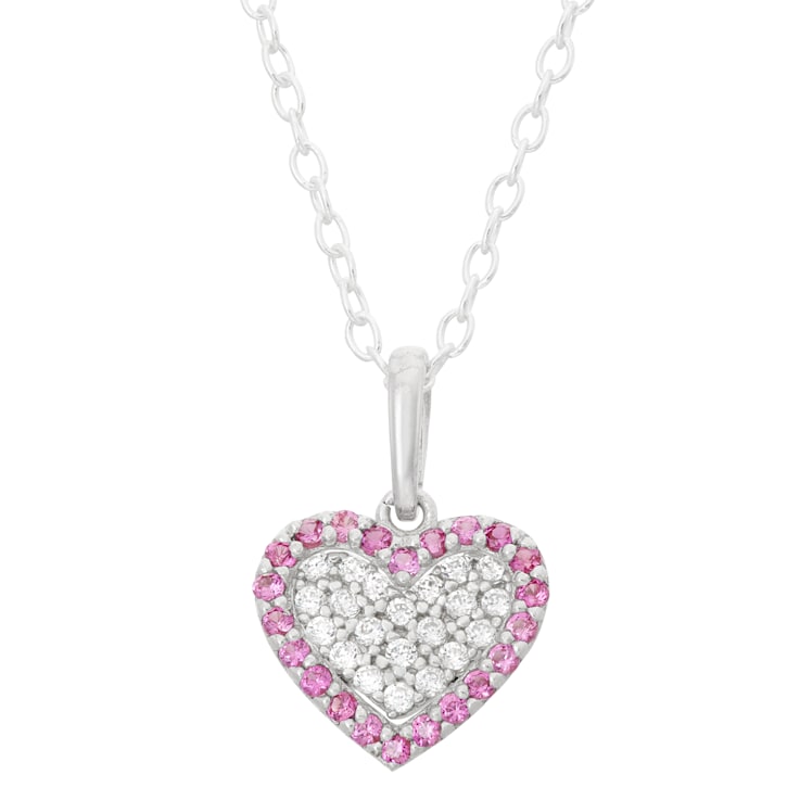 Lab Ruby And White Cubic Zirconia Rhodium Over Silver Children's Heart
Pendant With Chain 0.28ctw