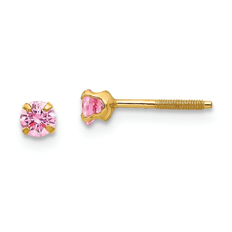14k Yellow Gold Children's 3mm Pink Tourmaline Simulant Stud Earrings
