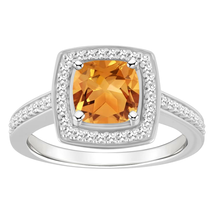 7mm Cushion Citrine 1/4 ctw Diamond Rhodium Over Sterling Silver Halo Ring