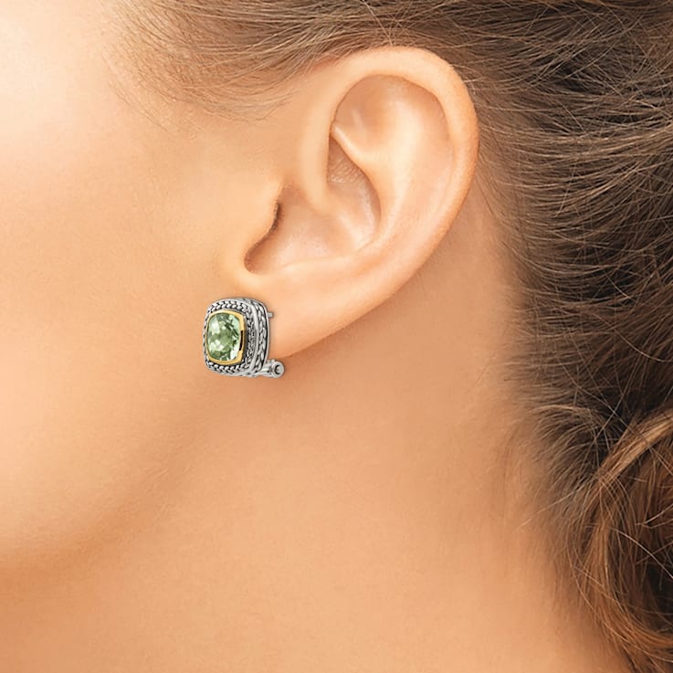 Sterling Silver Antiqued with 14K Accent Prasiolite Earrings