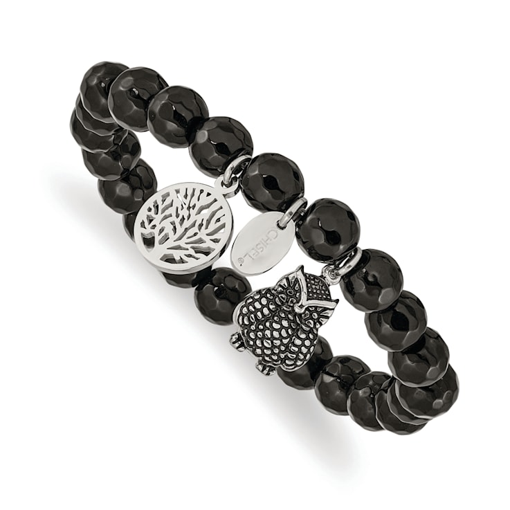 Stainless Steel Antiqued and Polished Owl Black Jade Stretch Bracelet