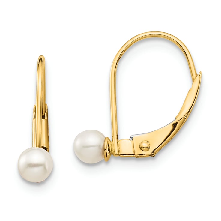 14K Yellow Gold 3-4mm White Round Freshwater Cultured Pearl Leverback Earrings