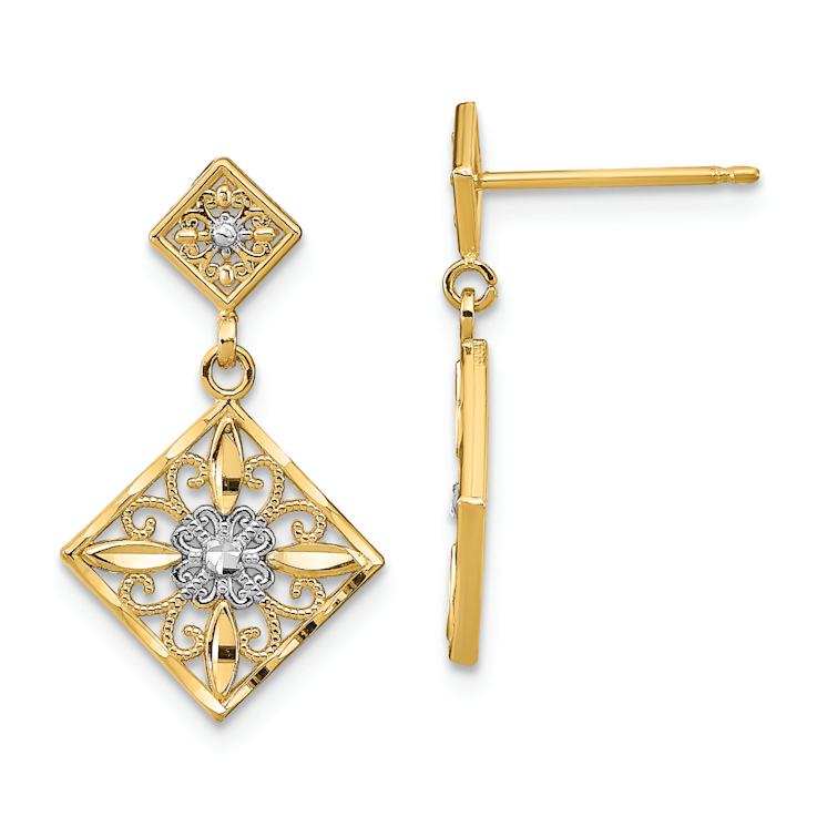 14k Two-tone Diamond-Cut Square Filigree Dangle Earrings