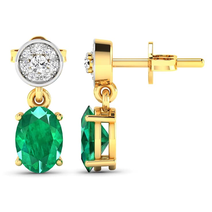 1.12ctw 14K Yellow Gold  Zambian Green Emerald and White Diamond Halo Earrings