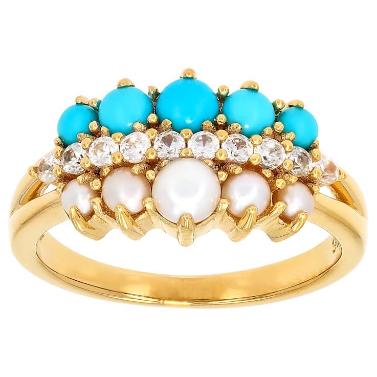 Sleeping Beauty Turquoise And Pearl Ring In 18K Gold Over Sterling Silver