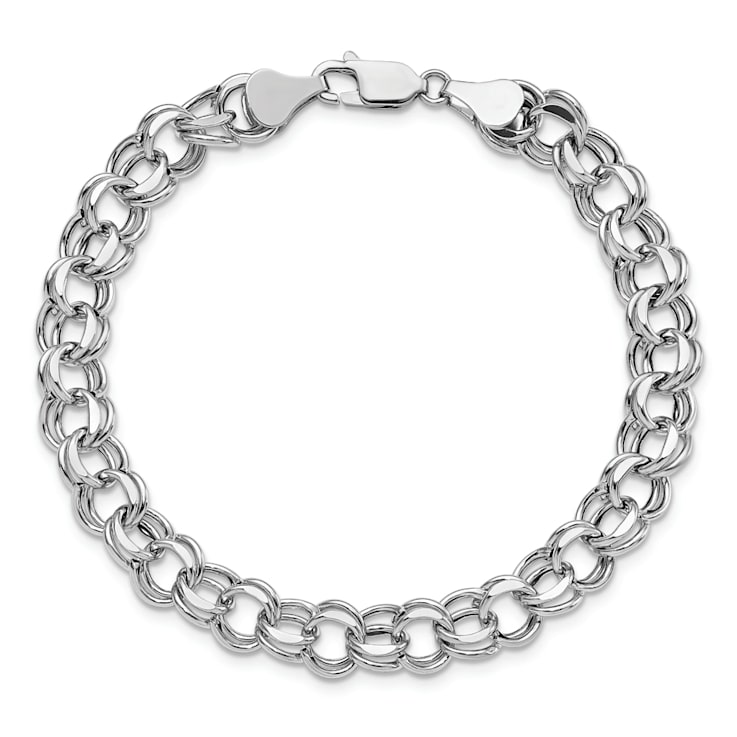 Rhodium Over 14k White Gold 7.5mm Diamond-Cut Double Link Charm Bracelet