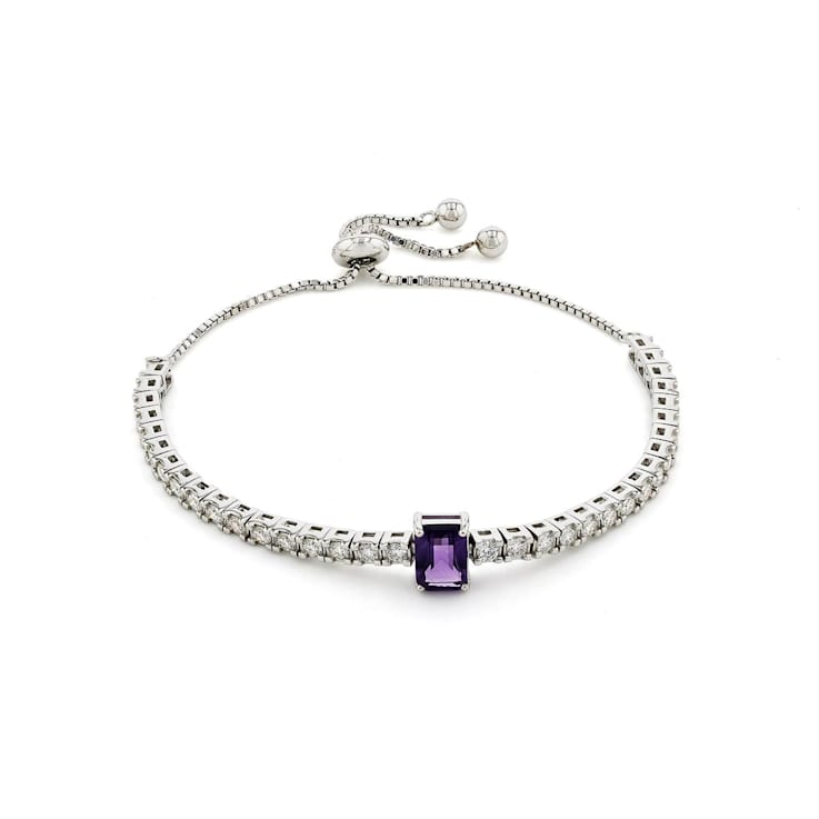 Purple Amethyst with Moissanite Accents Rhodium Over Sterling Silver Bracelet
