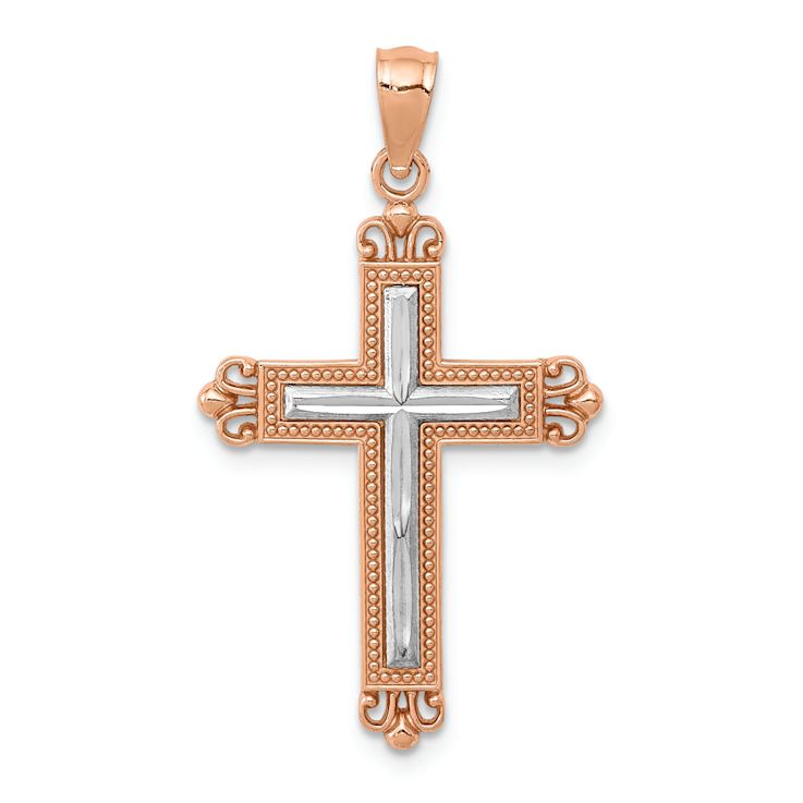 14k Rose Gold and Rhodium Over 14k Rose Gold Diamond-Cut Cross Pendant