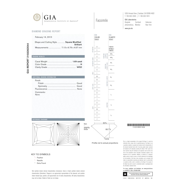1.69ct Natural White Diamond Rectangle H Color, VVS2 Clarity, GIA Certified