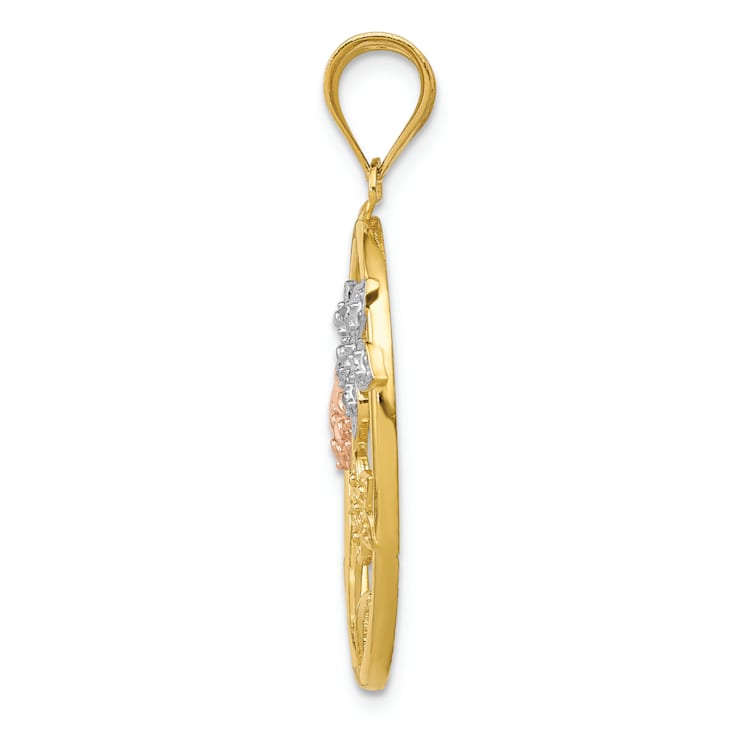 14k Tri-color Gold Diamond-Cut Oval Floral Pendant