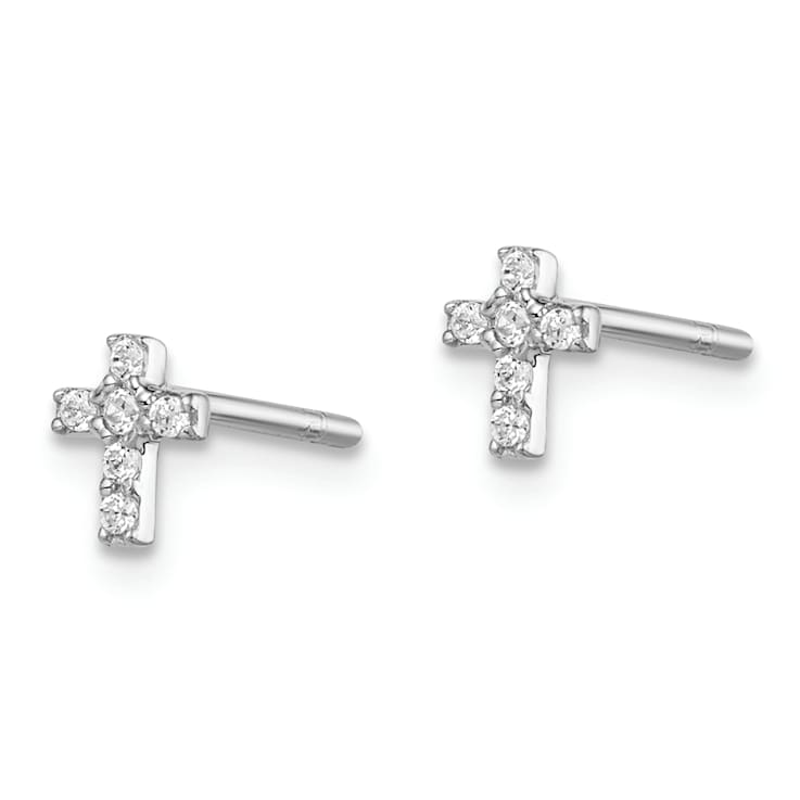 Rhodium Over Sterling Silver Cubic Zirconia Children's Cross Post Earrings