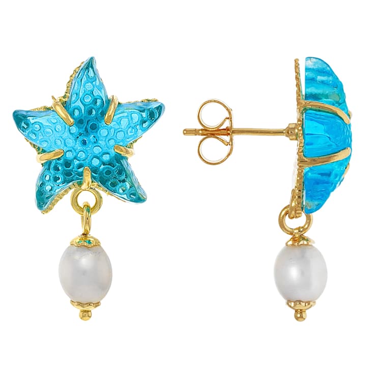 Blue Venetian Glass And Pearl Starfish Earrings In 18K Gold Over
Sterling Silver