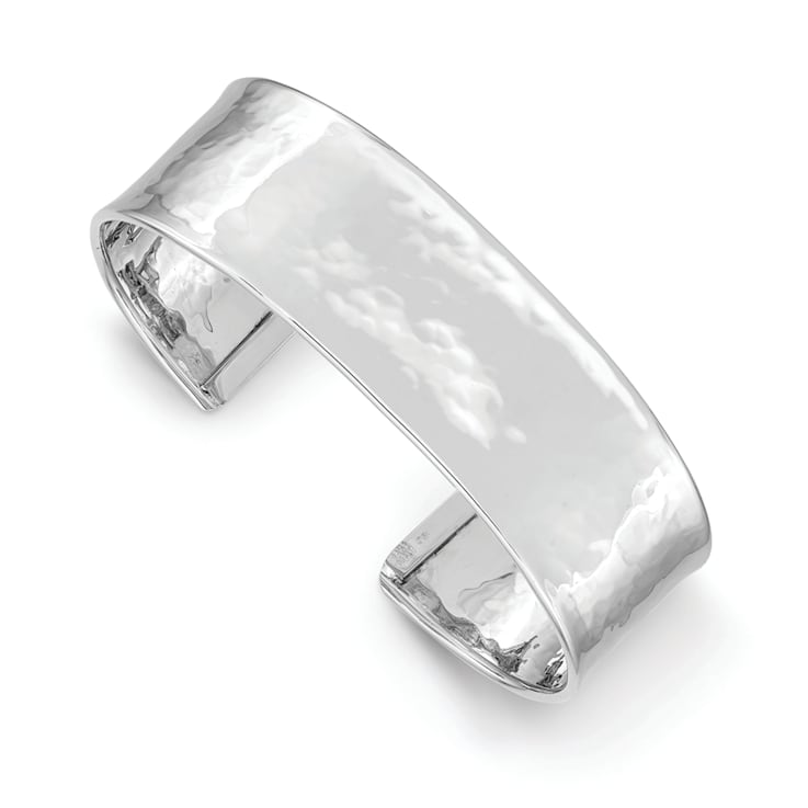 Rhodium Over 14k White Gold 19mm Hammered Polished Cuff Bangle