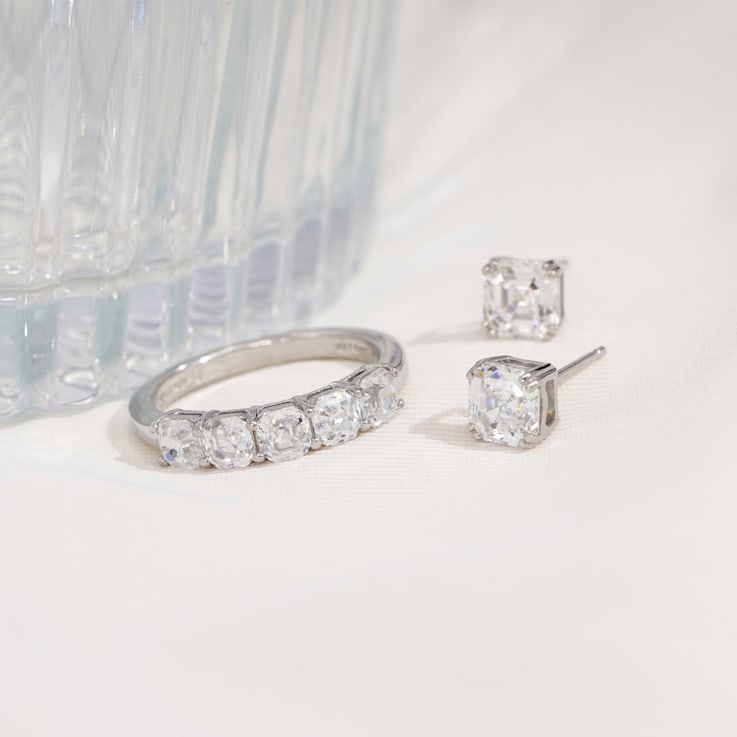 White Cubic Zirconia Platinum Over Sterling Silver Asscher Cut Jewelry
Set 3.90ctw