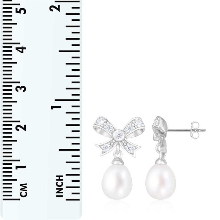 8-8.5mm White Cultured Freshwater Pearl and Cubic Zirconia Rhodium Over
Sterling Silver Earrings