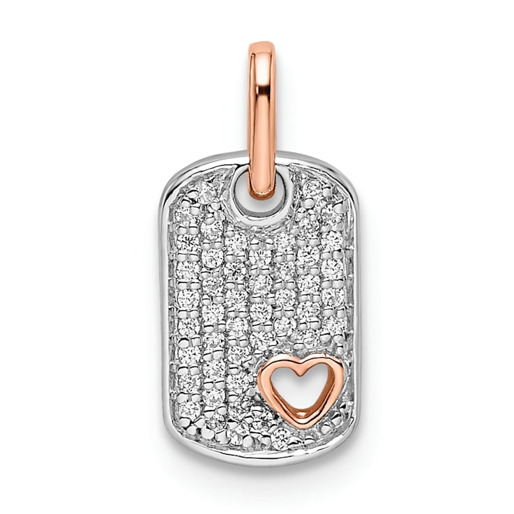 14k White Gold and 14k Rose Gold Small Dog Tag with Heart Diamond Pendant