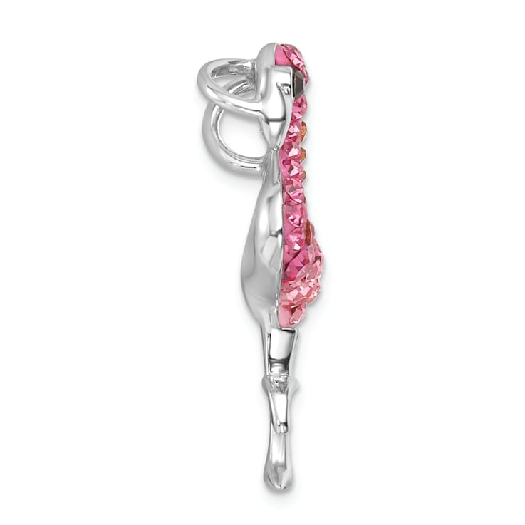 Rhodium Over Sterling Silver Polished Pink Crystal Flamingo Slide Pendant