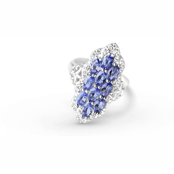 Rhodium Over Sterling Silver Oval Tanzanite and White Zircon Ring 1.46ctw