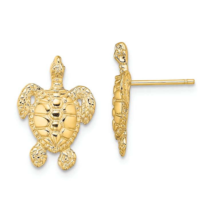 14K Yellow Gold Polished and Textured Sea Turtle Stud Earrings