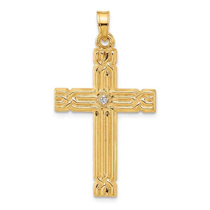 14k Yellow Gold Polished and Grooved Diamond Cross Pendant