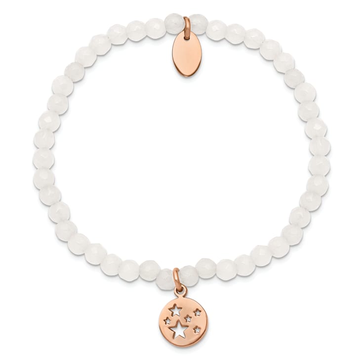 Rose Stainless Steel Polished Stars White Jade Beaded Stretch Bracelet