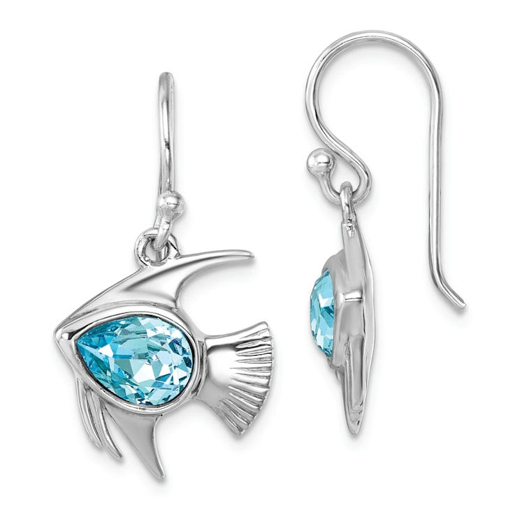 Rhodium Over Sterling Silver Polished Blue Crystal Angel Fish Dangle Earrings