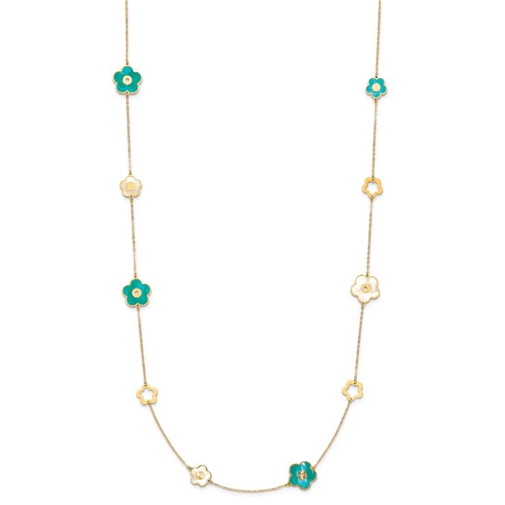 14K Yellow Gold Teal and White Color Mother Of Pearl Flower 30 Inch Necklace