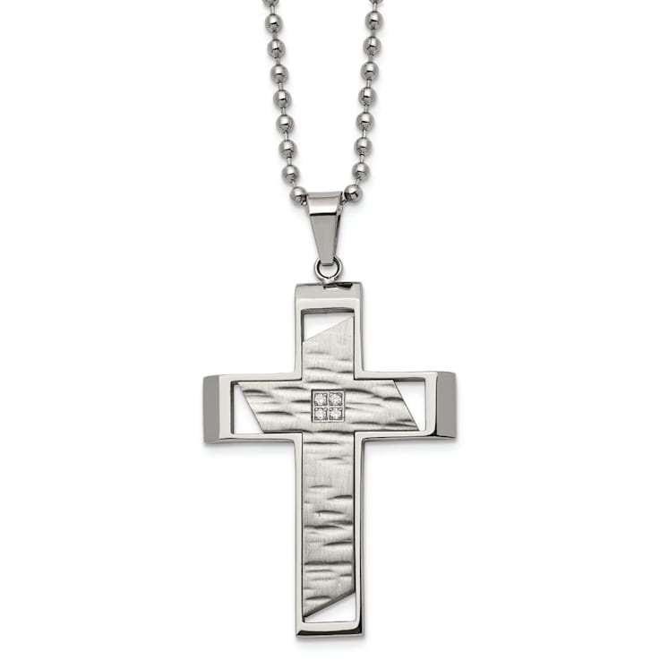 White Cubic Zirconia Stainless Steel Brushed Men's Cross Pendant With Chain