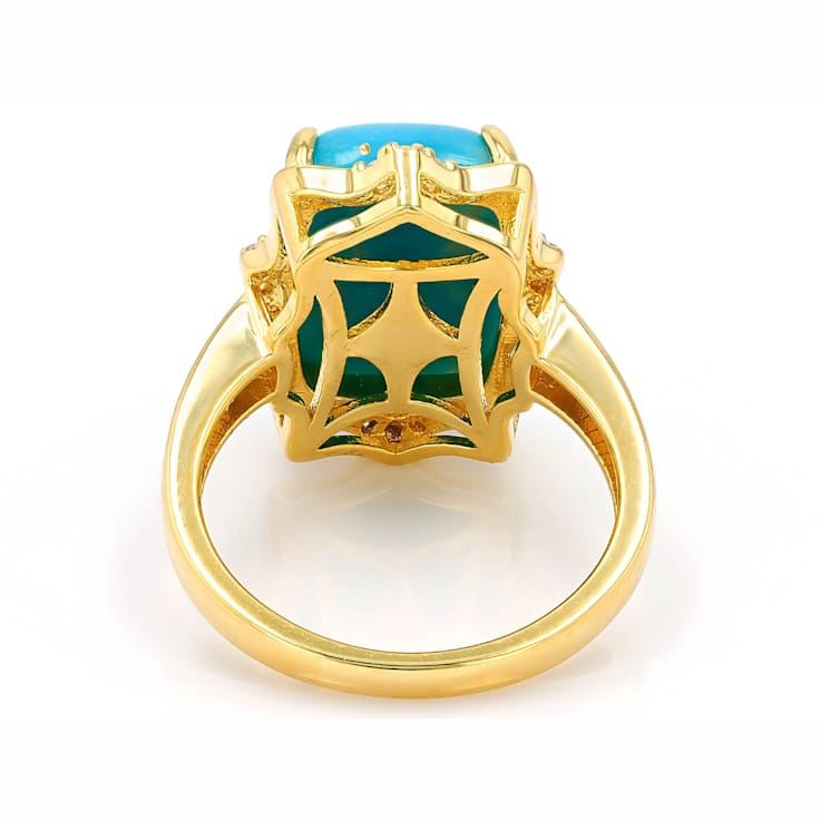 Turquoise And White Zircon Ring In 18K Gold Over Sterling Silver 0.11ctw
