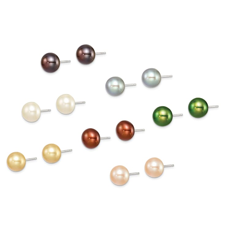 Sterling Silver 8-8.5mm Freshwater Cultured Pearl Button Set of 7 Ear Set