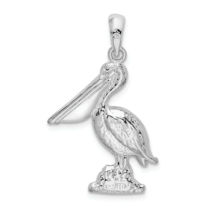 Rhodium Over Sterling Silver Large 3D Standing Pelican Pendant
