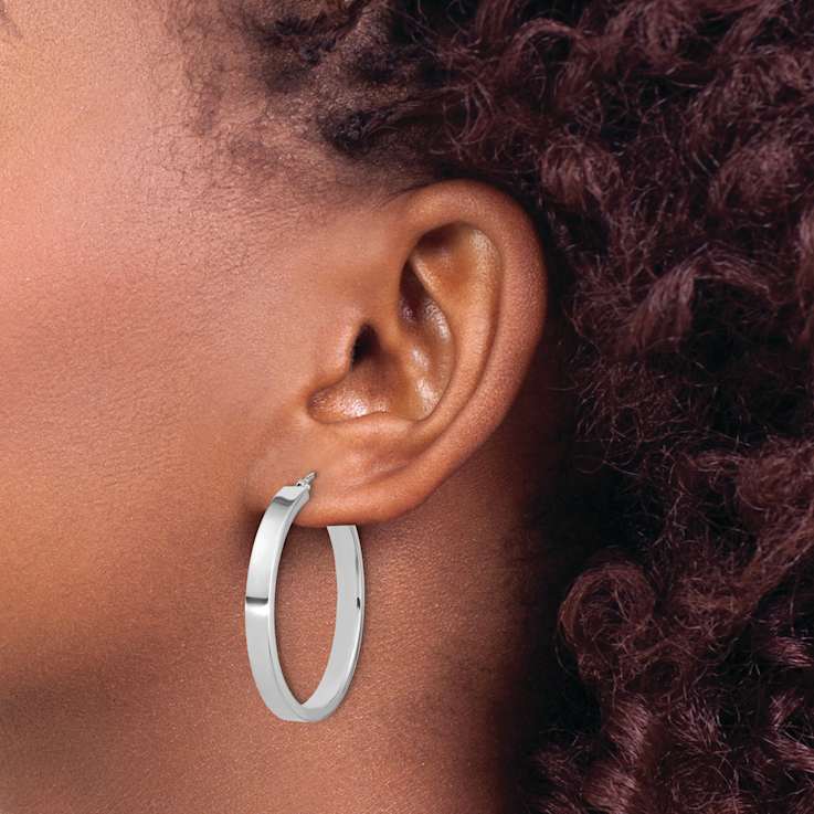 Rhodium Over 14k White Gold 1 3/8" Polished Hoop Earrings