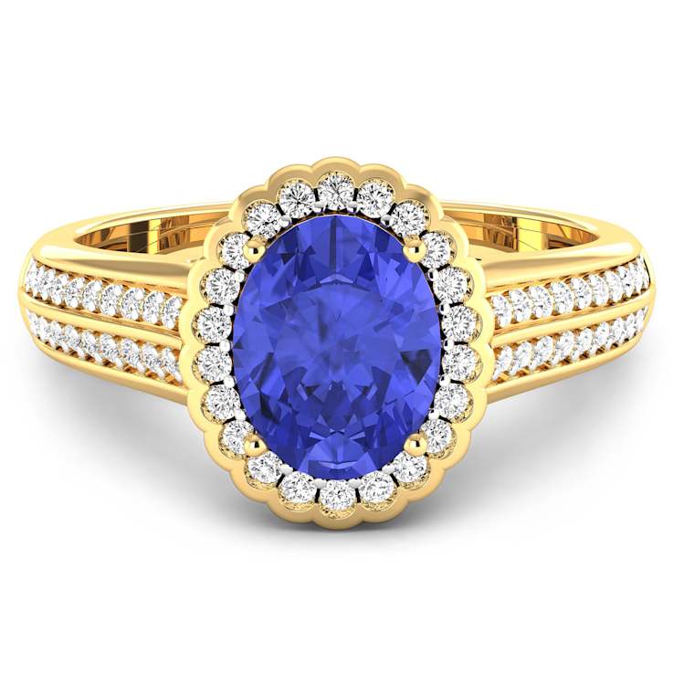 Purple Tanzanite and White Diamond Bridge 14K Yellow Gold Ring