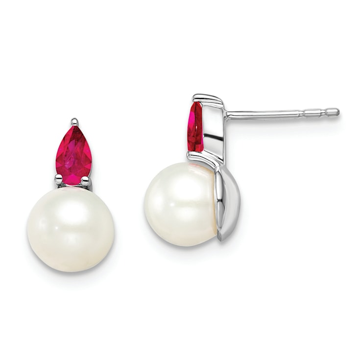 Rhodium Over 14K White Gold Freshwater Cultured Pearl and Ruby Post Earrings