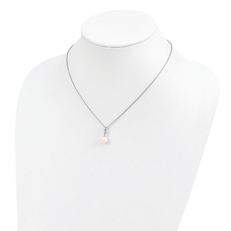 Rhodium Over Sterling Silver 7-8mm White Freshwater Cultured Pearl Cubic
Zirconia Necklace