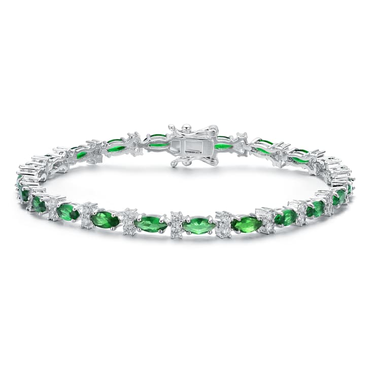 Emerald Color CZ Tennis Bracelet In White Rhodium Over Brass