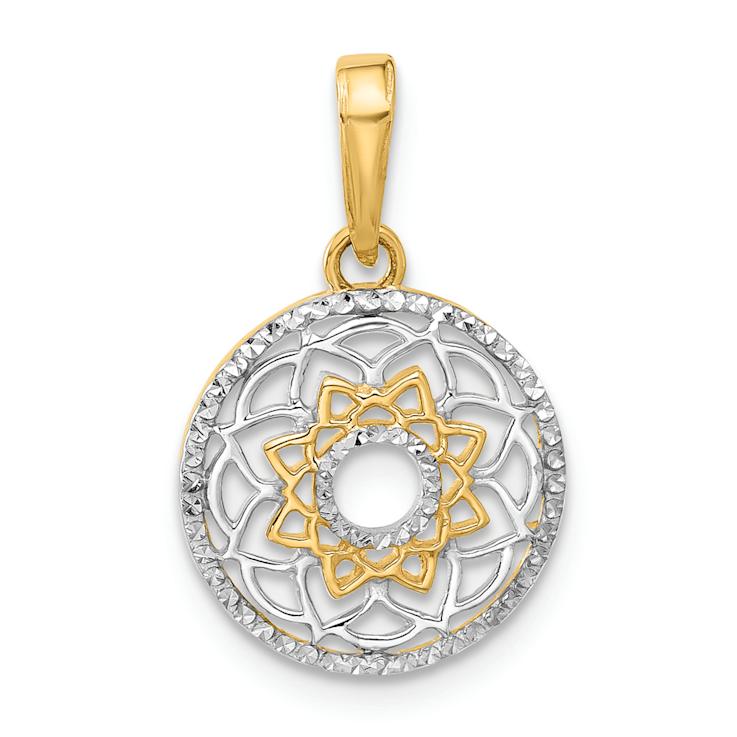 14k Two-tone Gold Diamond-Cut Floral Design Circle Pendant