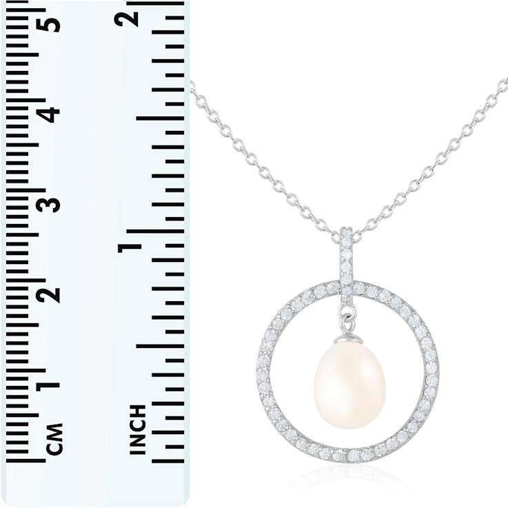 8-9mm Drop White Cultured Freshwater Pearl and CZ Rhodium Over Sterling
Silver Pendant