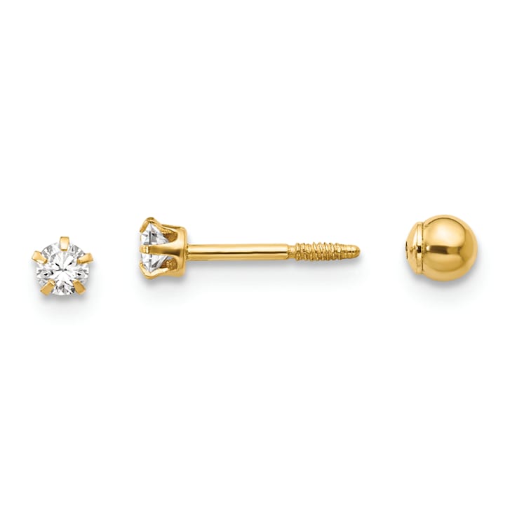 14K Yellow Gold Polished Reversible Cubic Zirconia and 3mm Ball Earrings