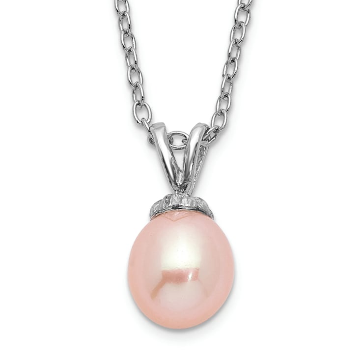 Rhodium Over Sterling Silver Pink Rice 6-7mm FWC Pearl Necklace