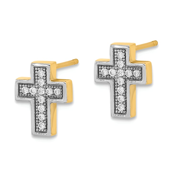 14K Yellow Gold and Rhodium Over 14K Yellow Gold Micro Pave Cubic
Zirconia Cross Stud Earrings