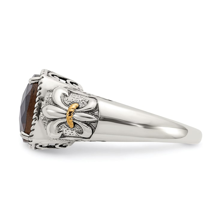 Brown Smoky Quartz Sterling Silver with 14K Gold Accent Antiqued Ring
