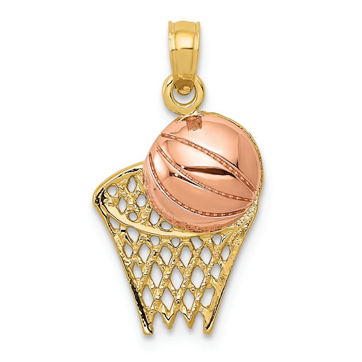 14k Two-tone Gold  Textured Basketball Hoop with Ball Pendant
