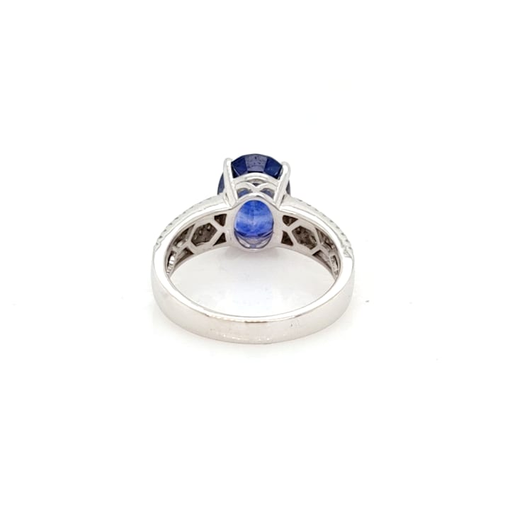 4.08 Ctw Blue Sapphire and 0.56 Ctw White Diamond Ring in 14K WG