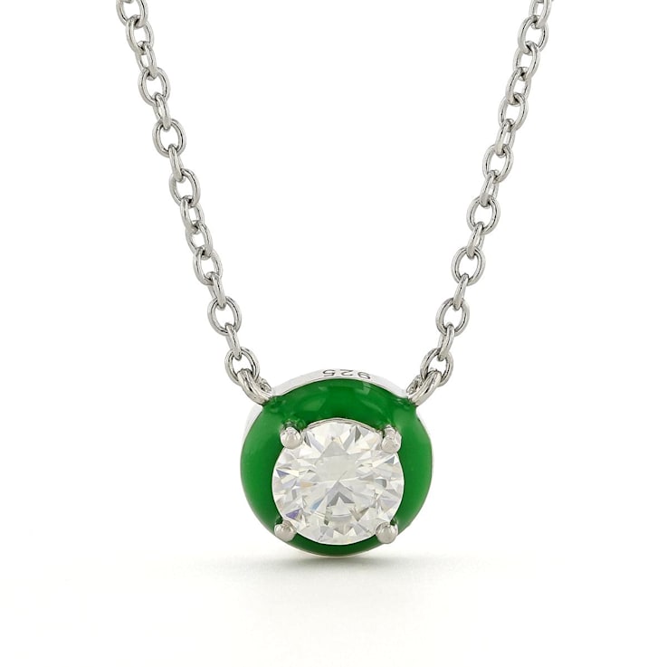 Moissanite Solitaire Rhodium Over Sterling Silver Necklace With Green Enamel