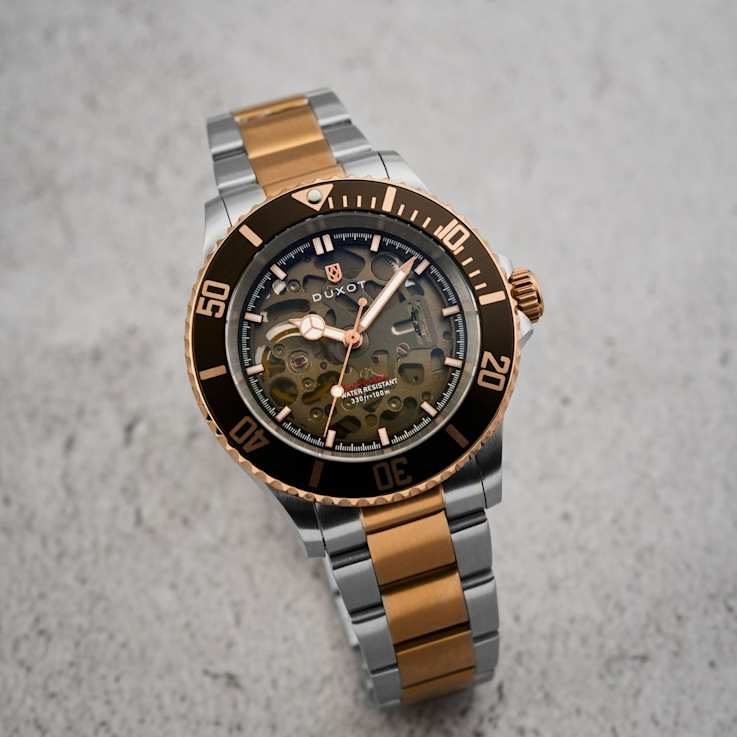 Duxot Atlantica Skeleton Diver Brown Dial Rose Bezel Two-tone Stainless
Steel Band Automatic Watch